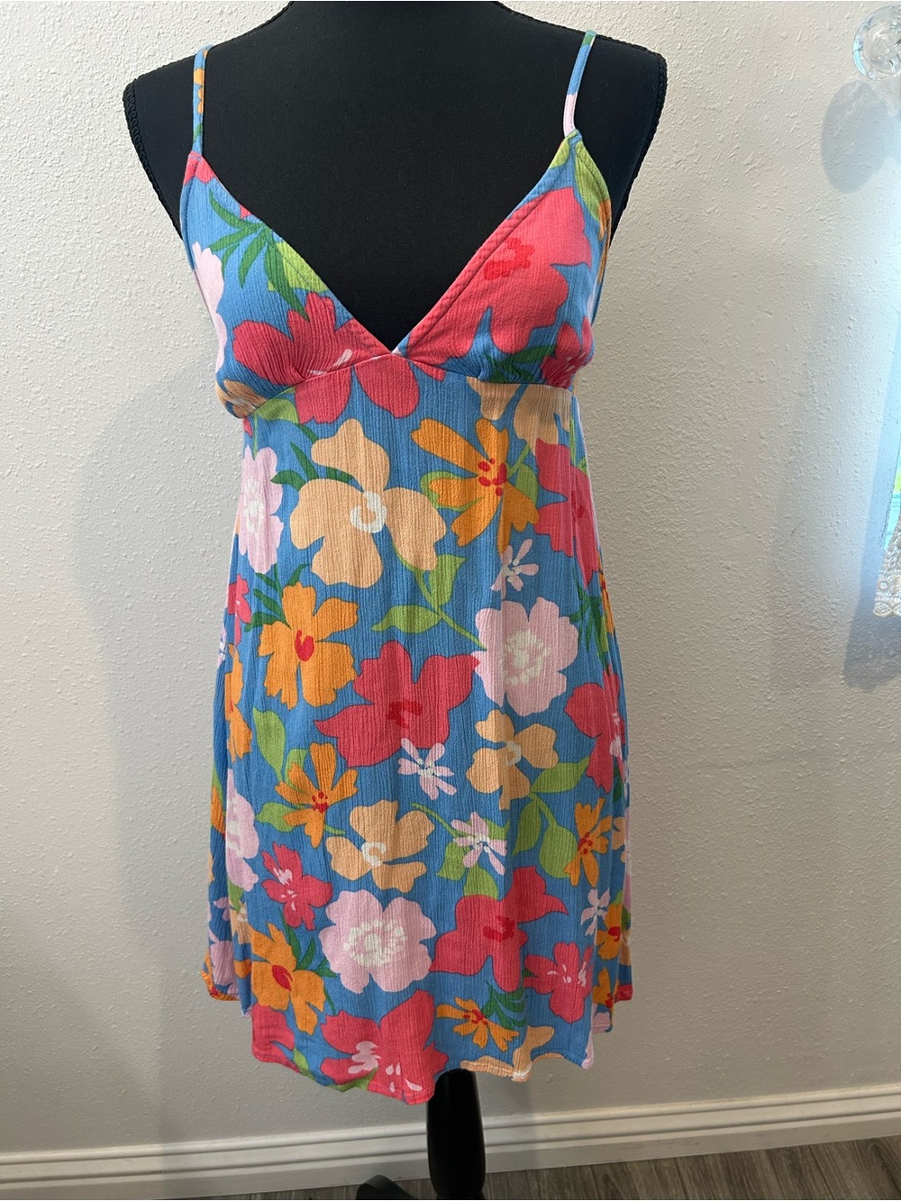 Billabong Blue, Coral Pink & Lime Green Floral Dress